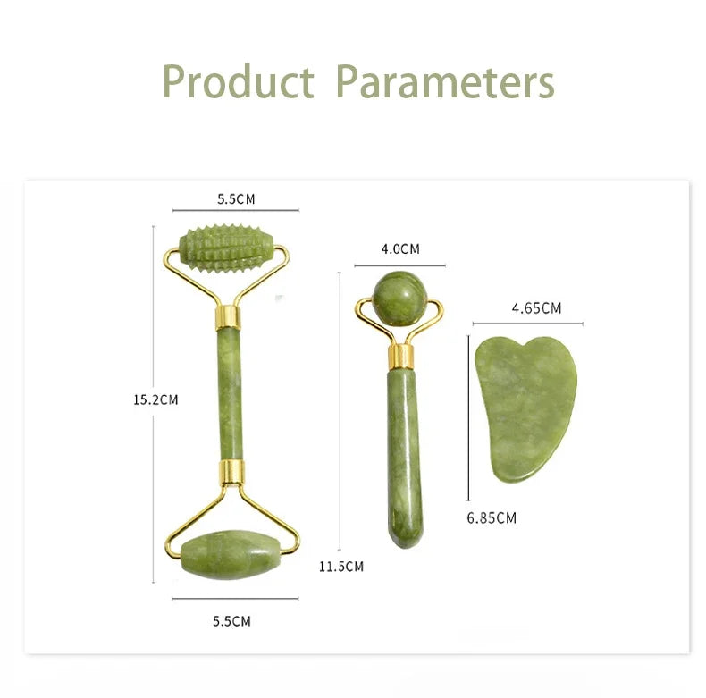 Jade Gua Sha Roller Set – Natural Stone Face Massager
