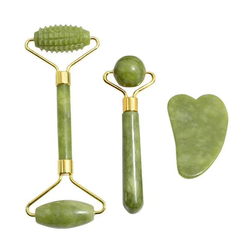 Jade Gua Sha Roller Set – Natural Stone Face Massager