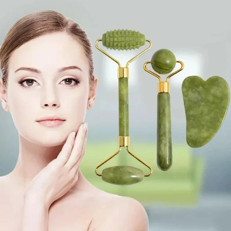 Jade Gua Sha Roller Set – Natural Stone Face Massager