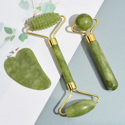 Jade Gua Sha Roller Set – Natural Stone Face Massager