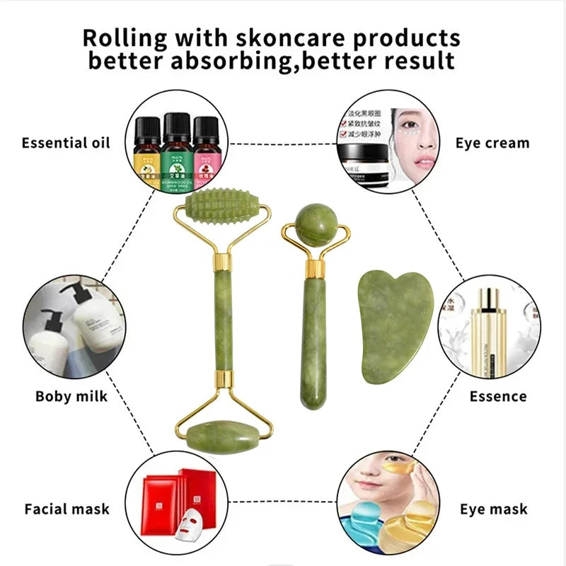 Jade Gua Sha Roller Set – Natural Stone Face Massager