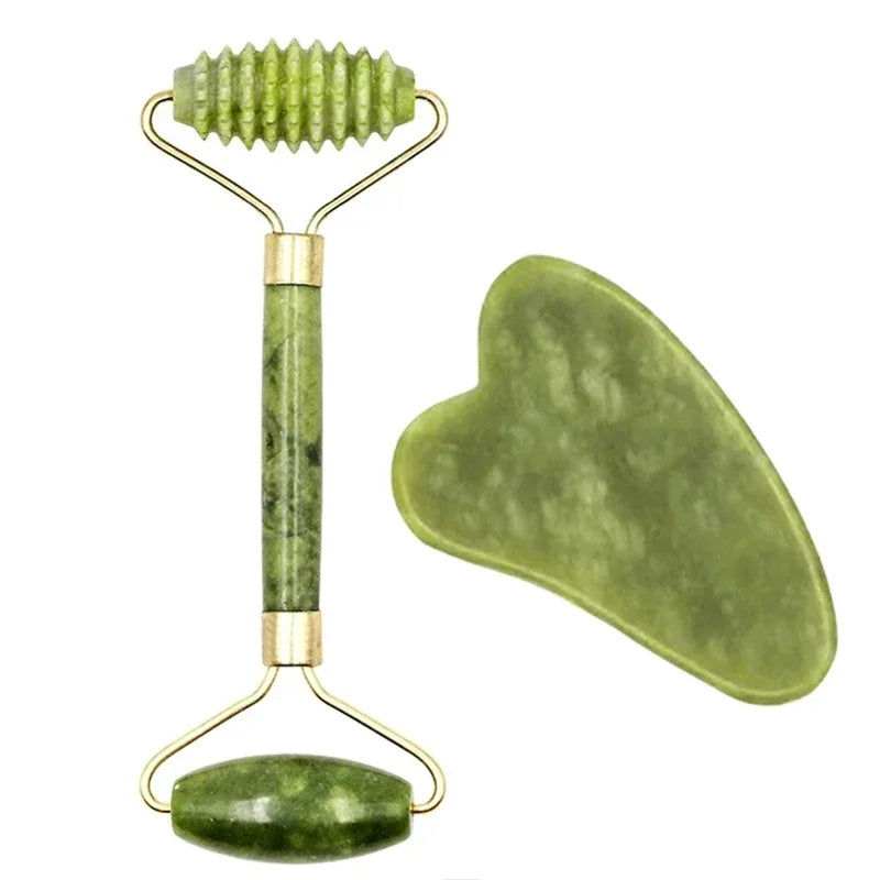 Jade Gua Sha Roller Set – Natural Stone Face Massager