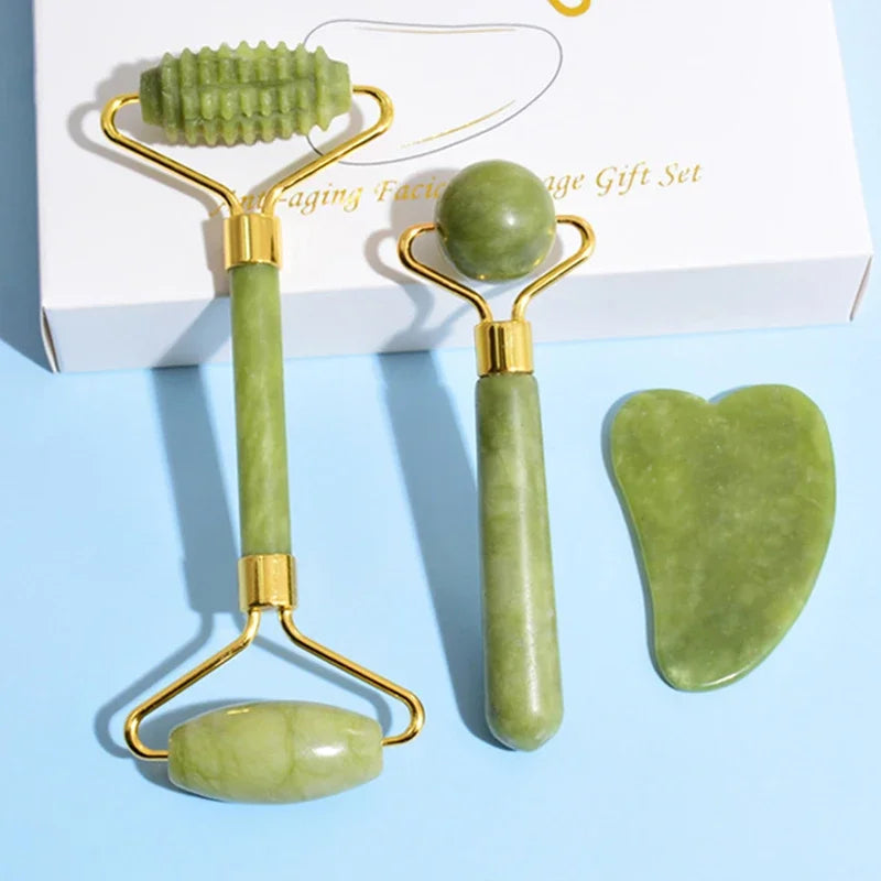 Jade Gua Sha Roller Set – Natural Stone Face Massager