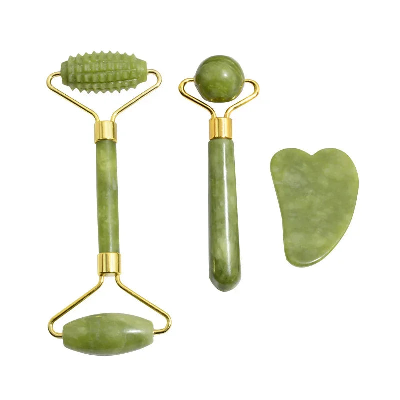 Jade Gua Sha Roller Set – Natural Stone Face Massager