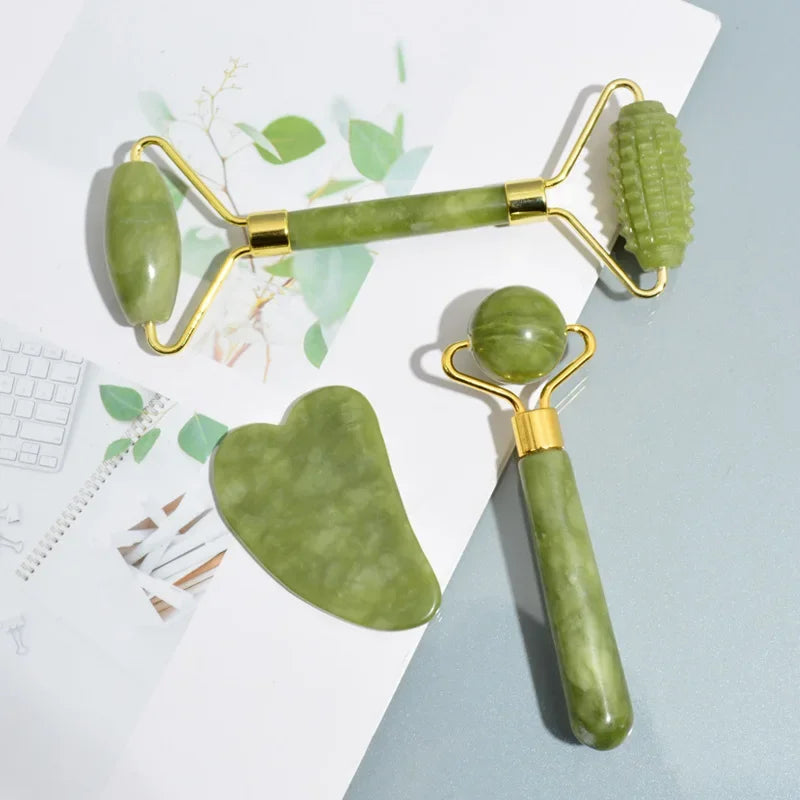 Jade Gua Sha Roller Set – Natural Stone Face Massager